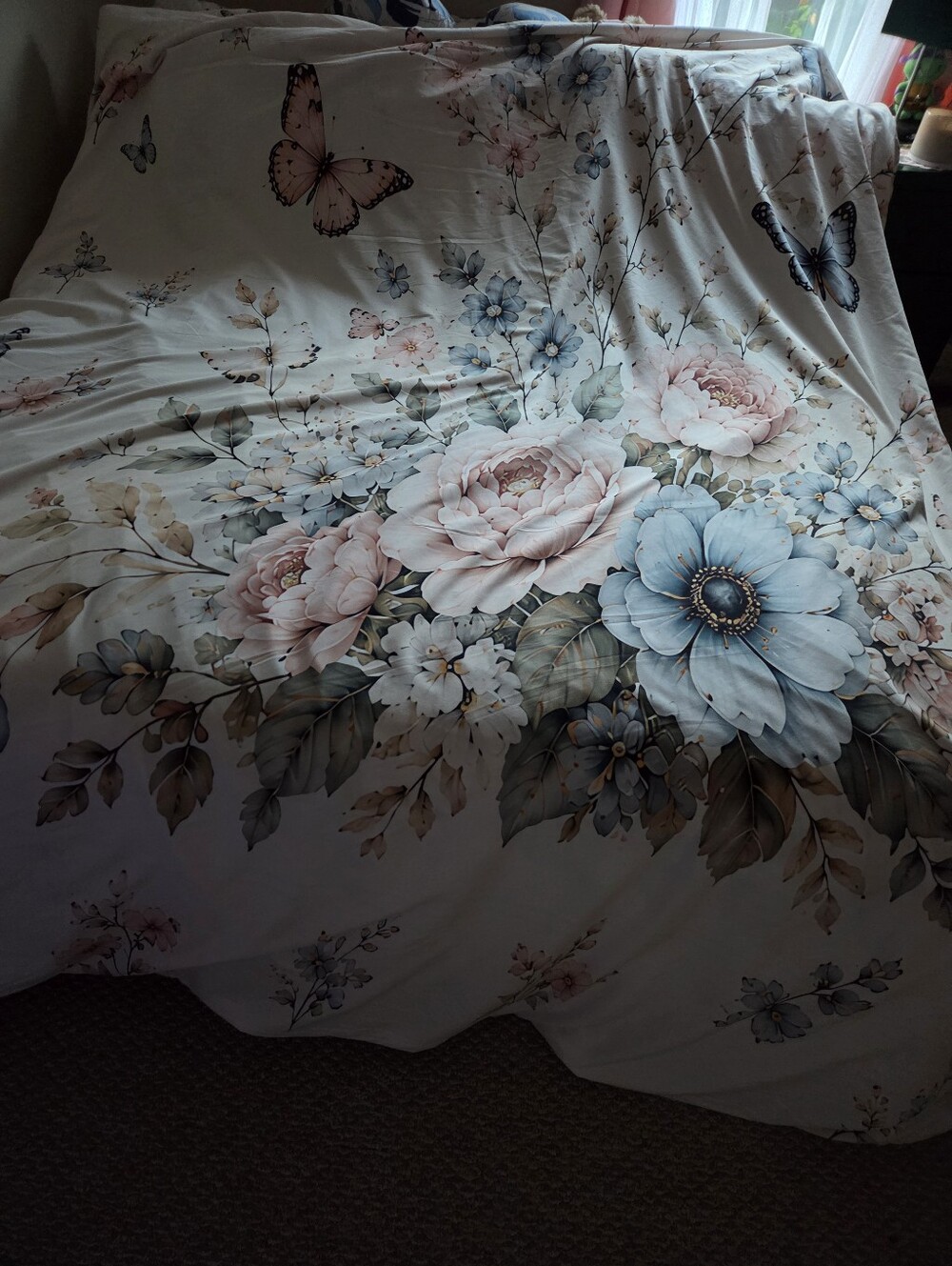 King Size Floral Butterfly Duvet Cover Set in Blue and Pink With Matching Shams
